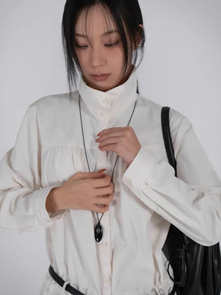 Solid High-Neck String Shirred Long Sleeve Dress