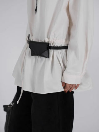 Solid High-Neck String Shirred Long Sleeve Dress