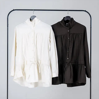 Solid High-Neck String Shirred Long Sleeve Dress