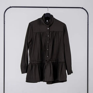 Solid High-Neck String Shirred Long Sleeve Dress