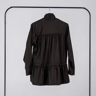 Solid High-Neck String Shirred Long Sleeve Dress