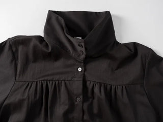 Solid High-Neck String Shirred Long Sleeve Dress