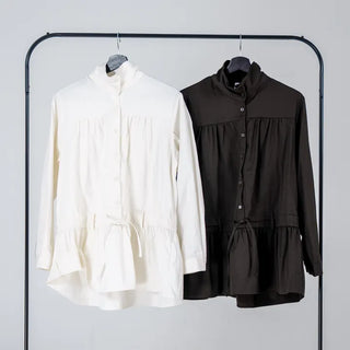 Solid High-Neck String Shirred Long Sleeve Dress