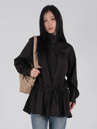 Solid High-Neck String Shirred Long Sleeve Dress