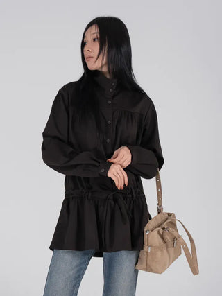Solid High-Neck String Shirred Long Sleeve Dress