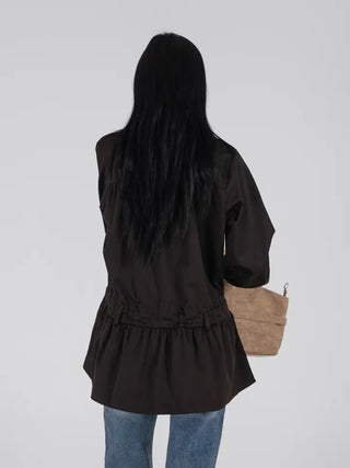 Solid High-Neck String Shirred Long Sleeve Dress