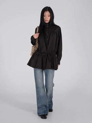 Solid High-Neck String Shirred Long Sleeve Dress