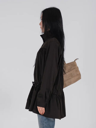 Solid High-Neck String Shirred Long Sleeve Dress