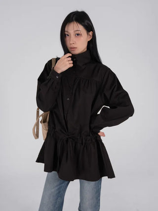 Solid High-Neck String Shirred Long Sleeve Dress