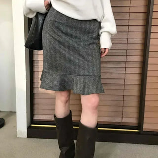 Herringbone Peplum Wool Midi Skirt