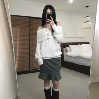 Herringbone Peplum Wool Midi Skirt