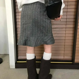 Herringbone Peplum Wool Midi Skirt