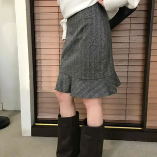 Herringbone Peplum Wool Midi Skirt