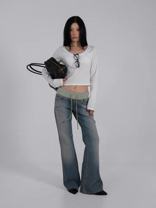 Loop Vintage Elastic Waist Low-Rise Bootcut Long Pants