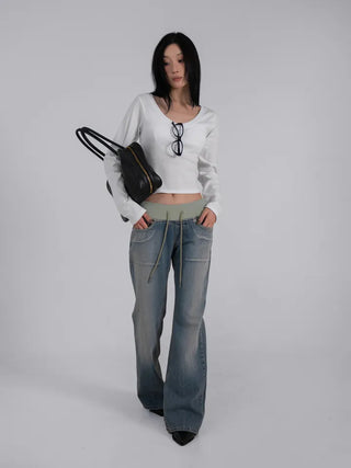 Loop Vintage Elastic Waist Low-Rise Bootcut Long Pants