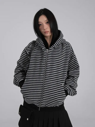 Obstud Stripe Oversized Zip-Up Hoodie