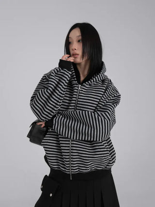 Obstud Stripe Oversized Zip-Up Hoodie