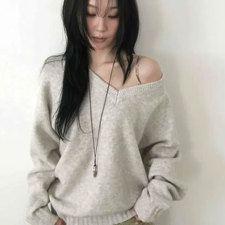 Delicate Fit Off-Shoulder V-Neck Knit