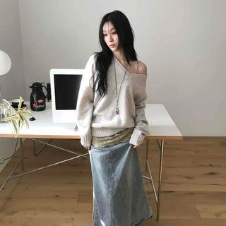 Delicate Fit Off-Shoulder V-Neck Knit