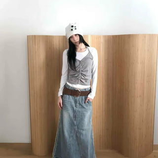 Soft Touch Halter Dot Basic U-Neck Inner Long Sleeve T-Shirt Two-Piece Set