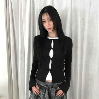 Center Cutout Slim Fit Cropped Long Sleeve Tee