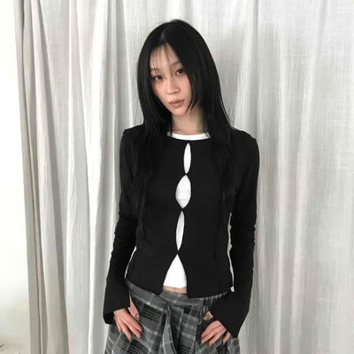 Center Cutout Slim Fit Cropped Long Sleeve Tee