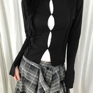 Center Cutout Slim Fit Cropped Long Sleeve Tee