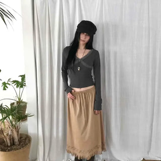 Twist Lace V-Neck Crop Long Sleeve T-Shirt