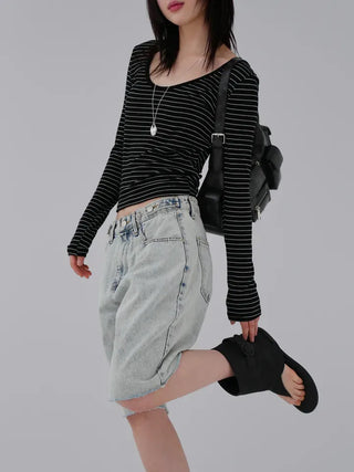 Yeni U-neck Two-way Long Sleeve T-shirt