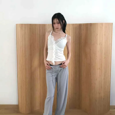 High-waisted semi-straight pants with folding belt detail and drawstring