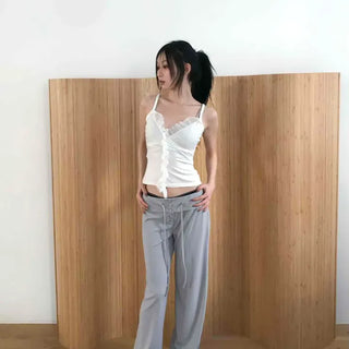 High-waisted semi-straight pants with folding belt detail and drawstring
