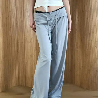 High-waisted semi-straight pants with folding belt detail and drawstring