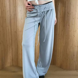High-waisted semi-straight pants with folding belt detail and drawstring