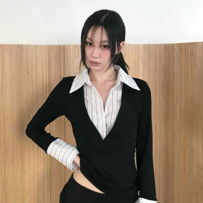 Office Fake Layered Wide Collar Long Sleeve T-shirt