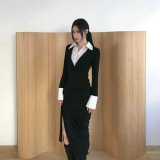Office Fake Layered Wide Collar Long Sleeve T-shirt