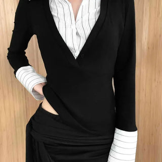 Office Fake Layered Wide Collar Long Sleeve T-shirt