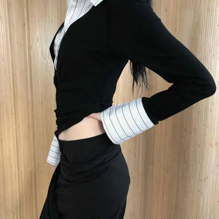 Office Fake Layered Wide Collar Long Sleeve T-shirt