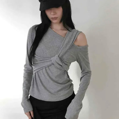 Cross Wrap Shoulder Cut Design Long Sleeve T-shirt