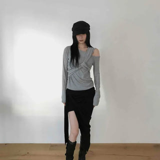 Cross Wrap Shoulder Cut Design Long Sleeve T-shirt