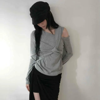 Cross Wrap Shoulder Cut Design Long Sleeve T-shirt