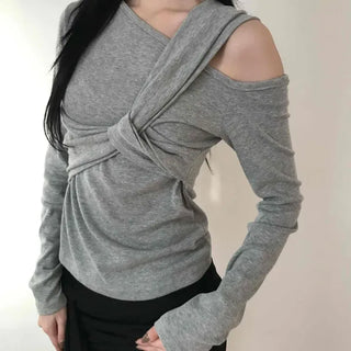 Cross Wrap Shoulder Cut Design Long Sleeve T-shirt