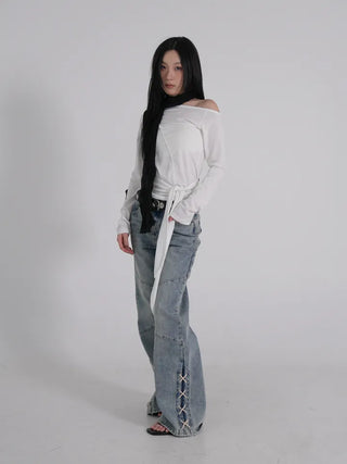 Neo String Point Washed Eyelet Bootcut Pants