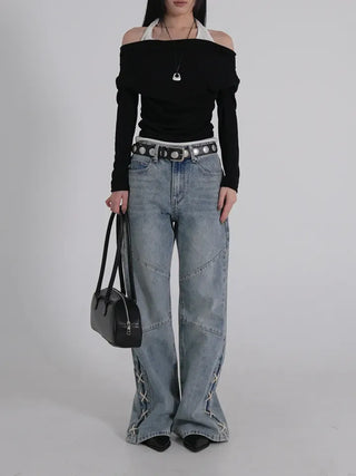 Neo String Point Washed Eyelet Bootcut Pants