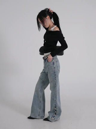 Neo String Point Washed Eyelet Bootcut Pants