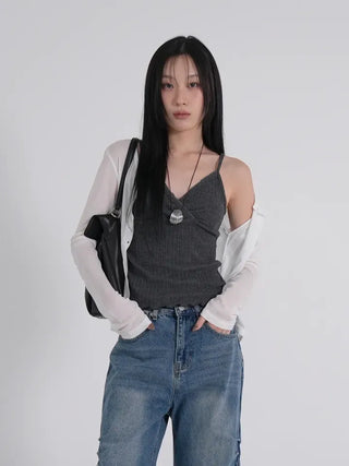 Tael Lace Ribbed Shirred Sleeveless Top