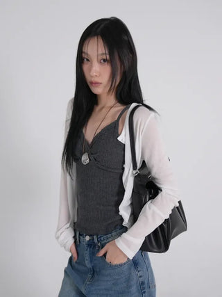 Tael Lace Ribbed Shirred Sleeveless Top