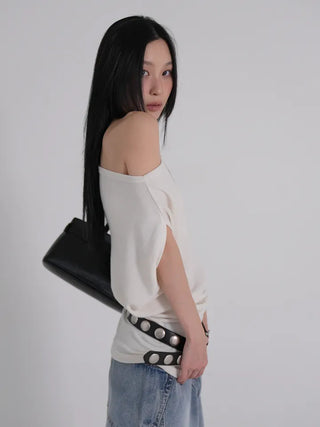 PN Asymmetrical Off-Shoulder Shirred Short-Sleeve Knit