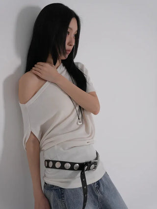 PN Asymmetrical Off-Shoulder Shirred Short-Sleeve Knit