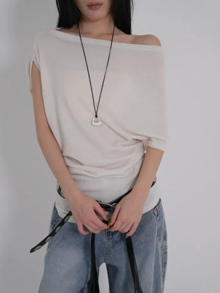 PN Asymmetrical Off-Shoulder Shirred Short-Sleeve Knit
