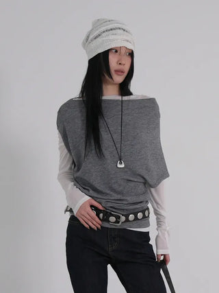 PN Asymmetrical Off-Shoulder Shirred Short-Sleeve Knit